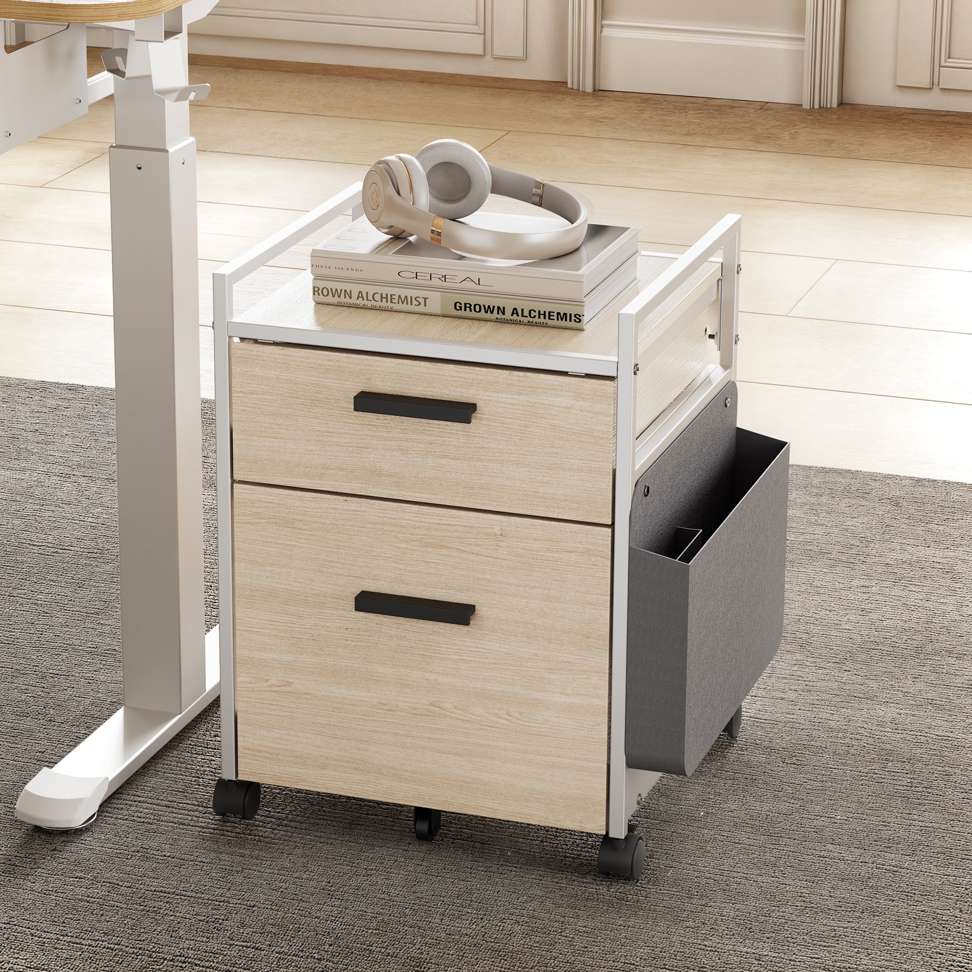 Rolling File Cabinet With Drawer, Light Wood Finish, Metal Frame and Fabric Storage Bag, Office Organization.