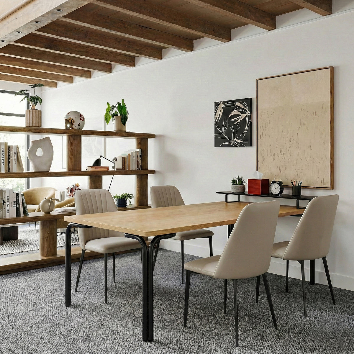 Eureka Ergonomic Chester off-white dining chairs around a wood table