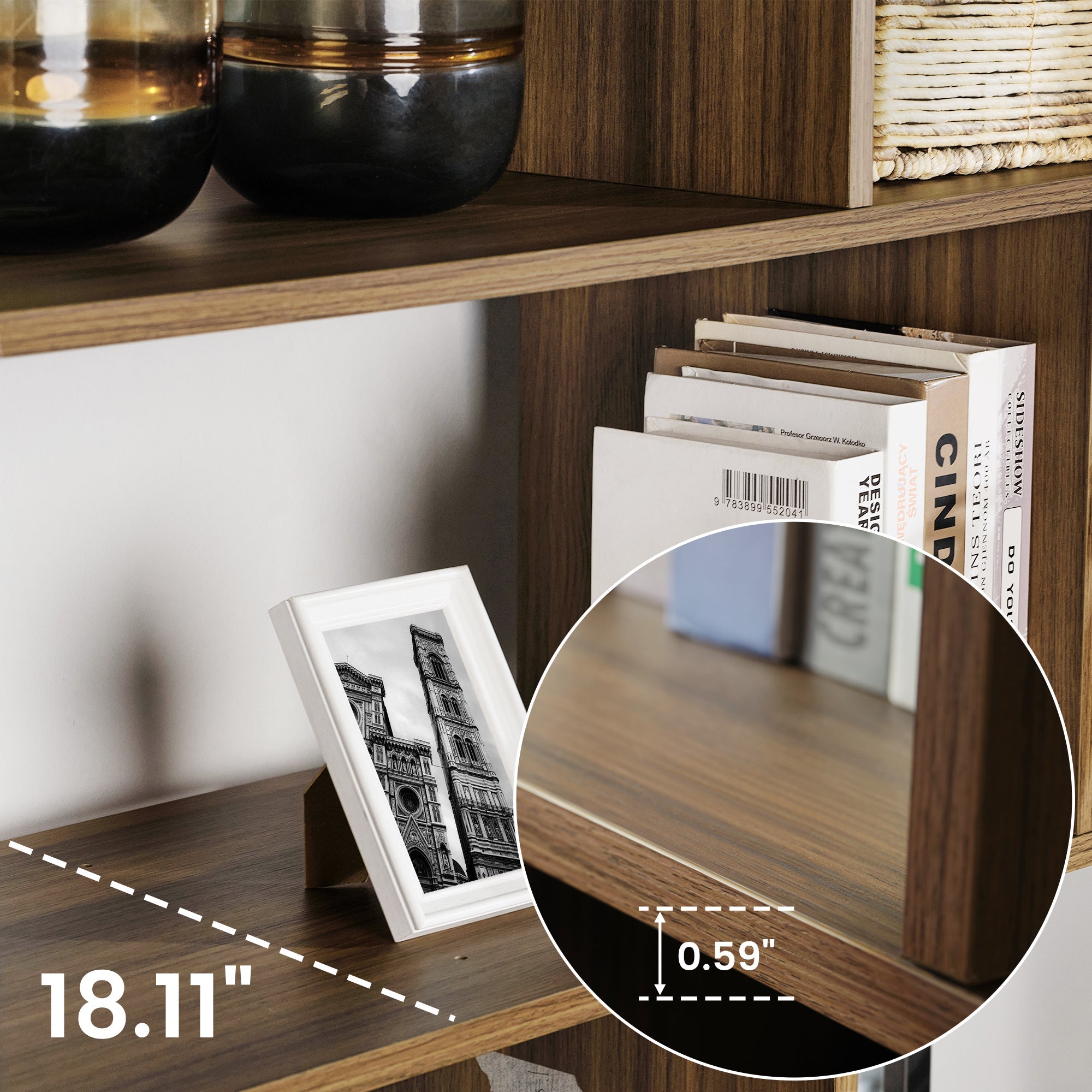 Napa Wood Bookcase Cabinet Shelf Detail With Books, Photo Frame, and Walnut Finish Wood, Featured On a Product Page.