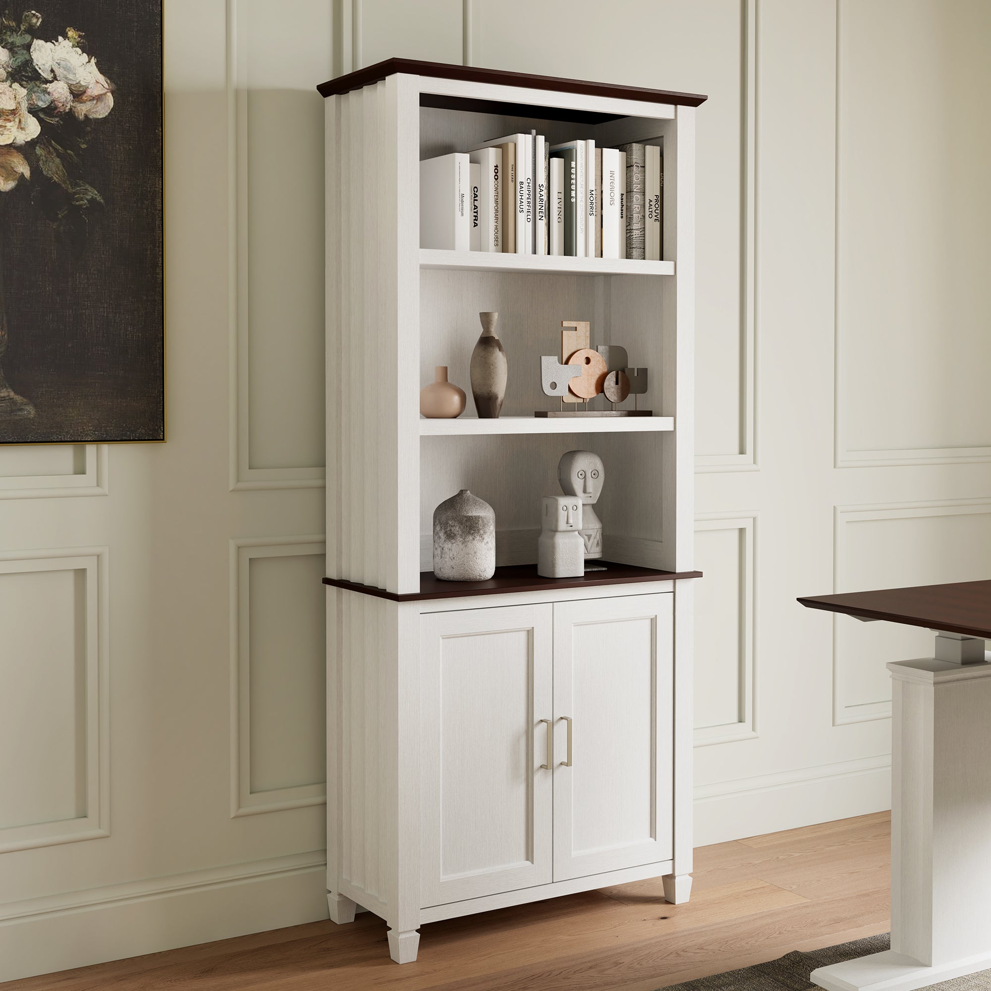 Eureka Ergonomic Ark Es 71 Display Bookshelf With Storage Cabinet - White and Dark Brown, Ideal for Storage and Display.