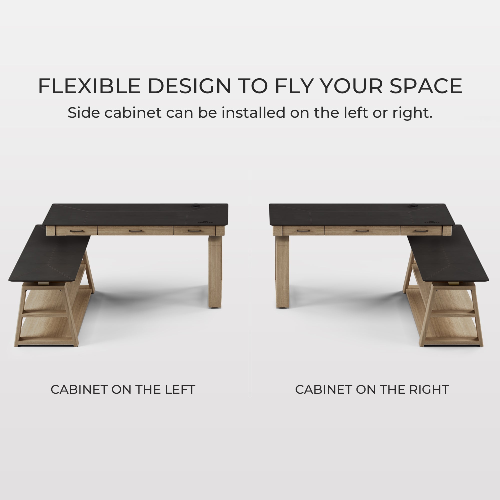 Ark Ex Standing Desk: Flexible Design, Oak Base, Black Desktop. Side Cabinet Placement Options.