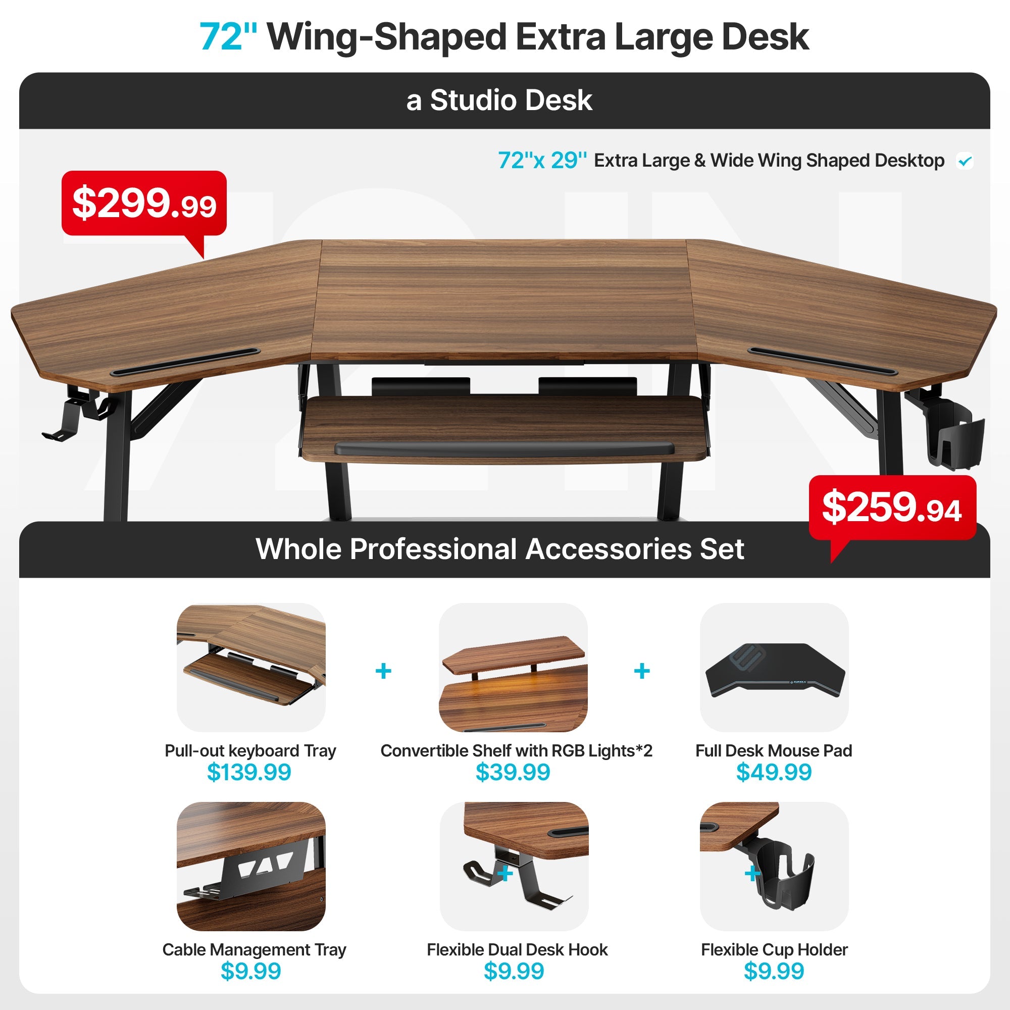 Aero Wing Shaped Studio Desk  (63" & 72'')