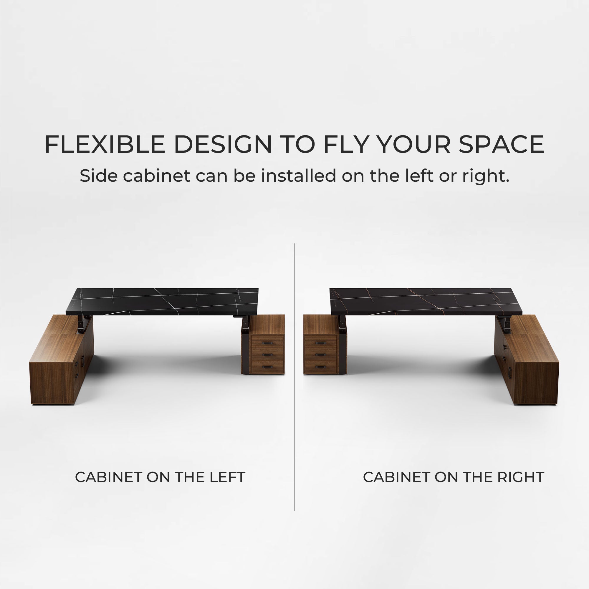 Eureka Ergonomic Zen Pro Executive Desk With Flexible Design, Cabinet Can Be On Left Or Right, Black Sintered Stone Top.