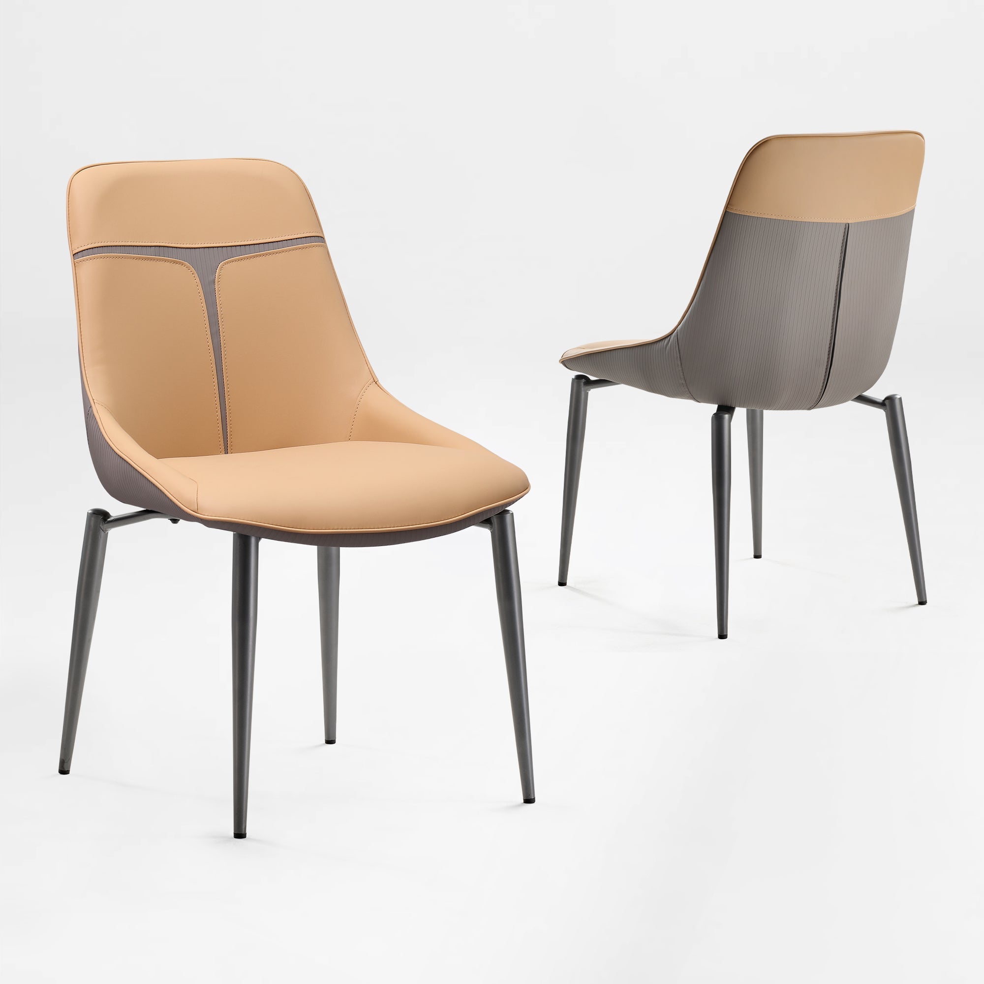 Couture Dining Chair in Turmeric Leather With Gray Accents and Brushed Nickel Legs, Perfect for Modern Dining Rooms.