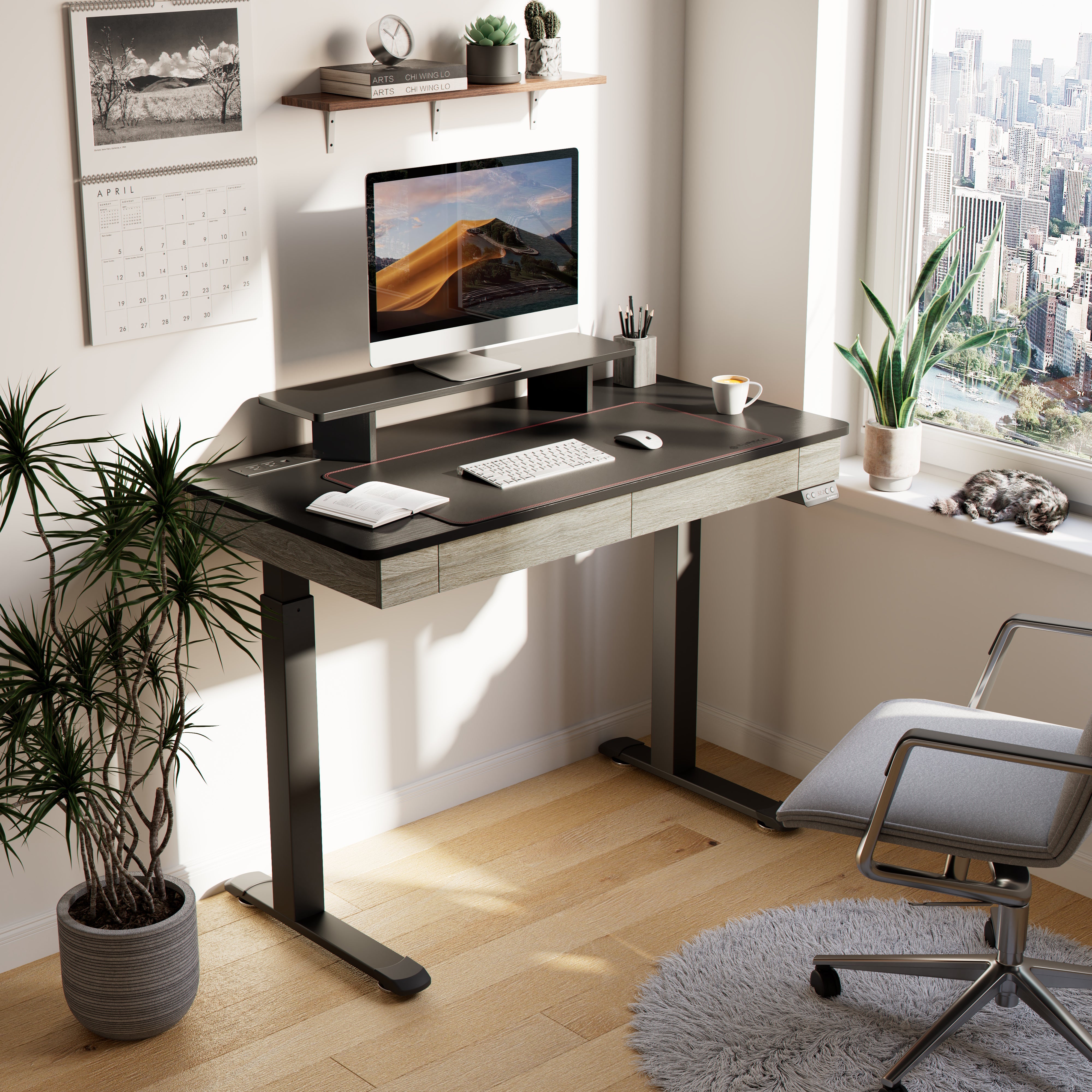 Ergonomic Home Office Setup With a 47 Electric Standing Desk, Monitor, Keyboard, and Gaming Pc, Wood Finish.
