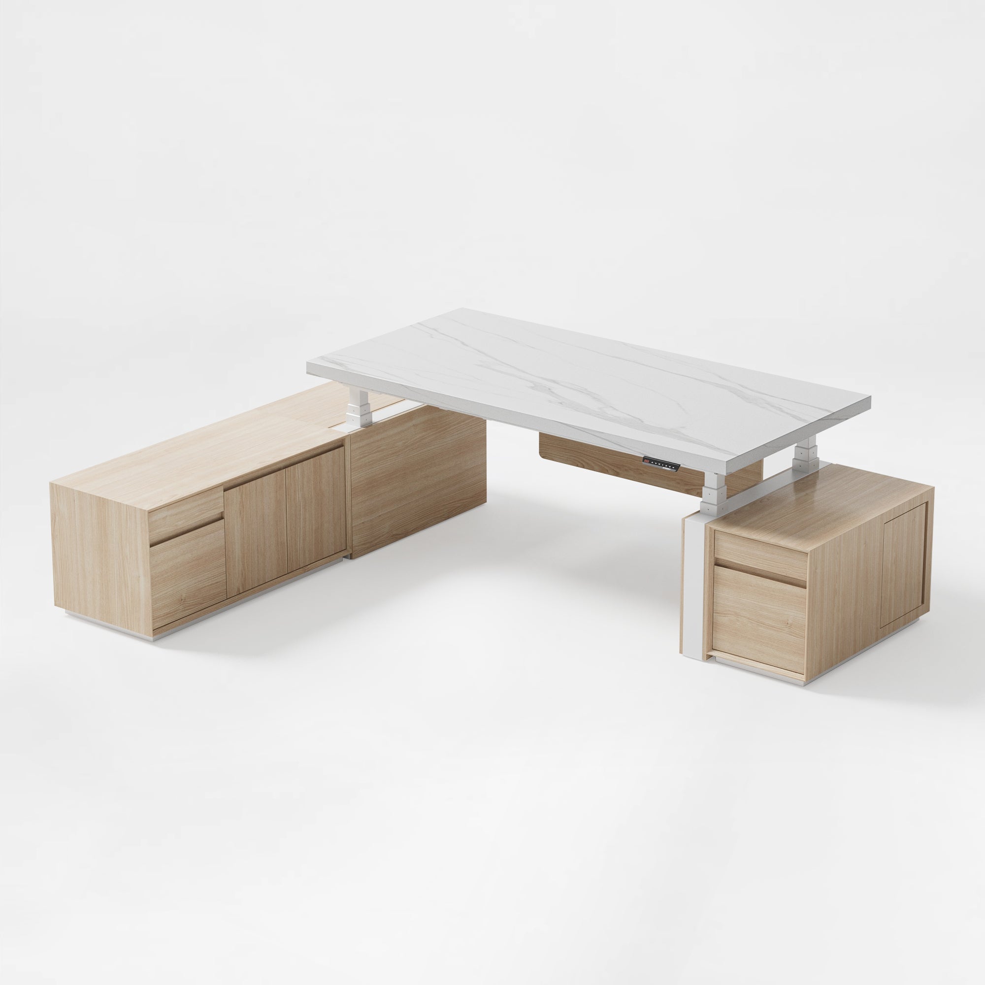 Eureka Ergonomic Zen Pro Executive Standing Desk With White Marble Top and Wood Cabinets,Front View.