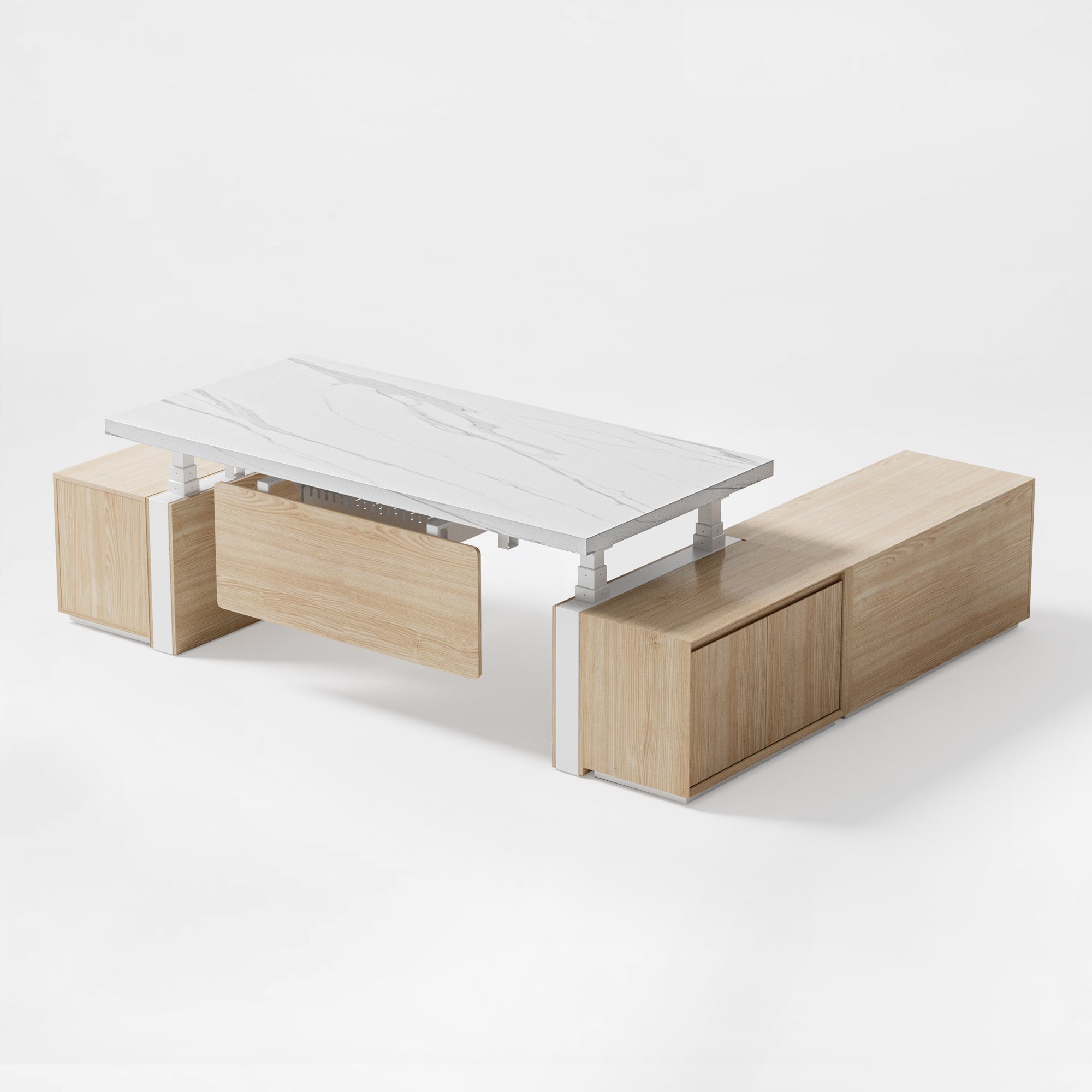 Eureka Ergonomic Zen Pro Executive Standing Desk With White Marble Top and Wooden Cabinets.