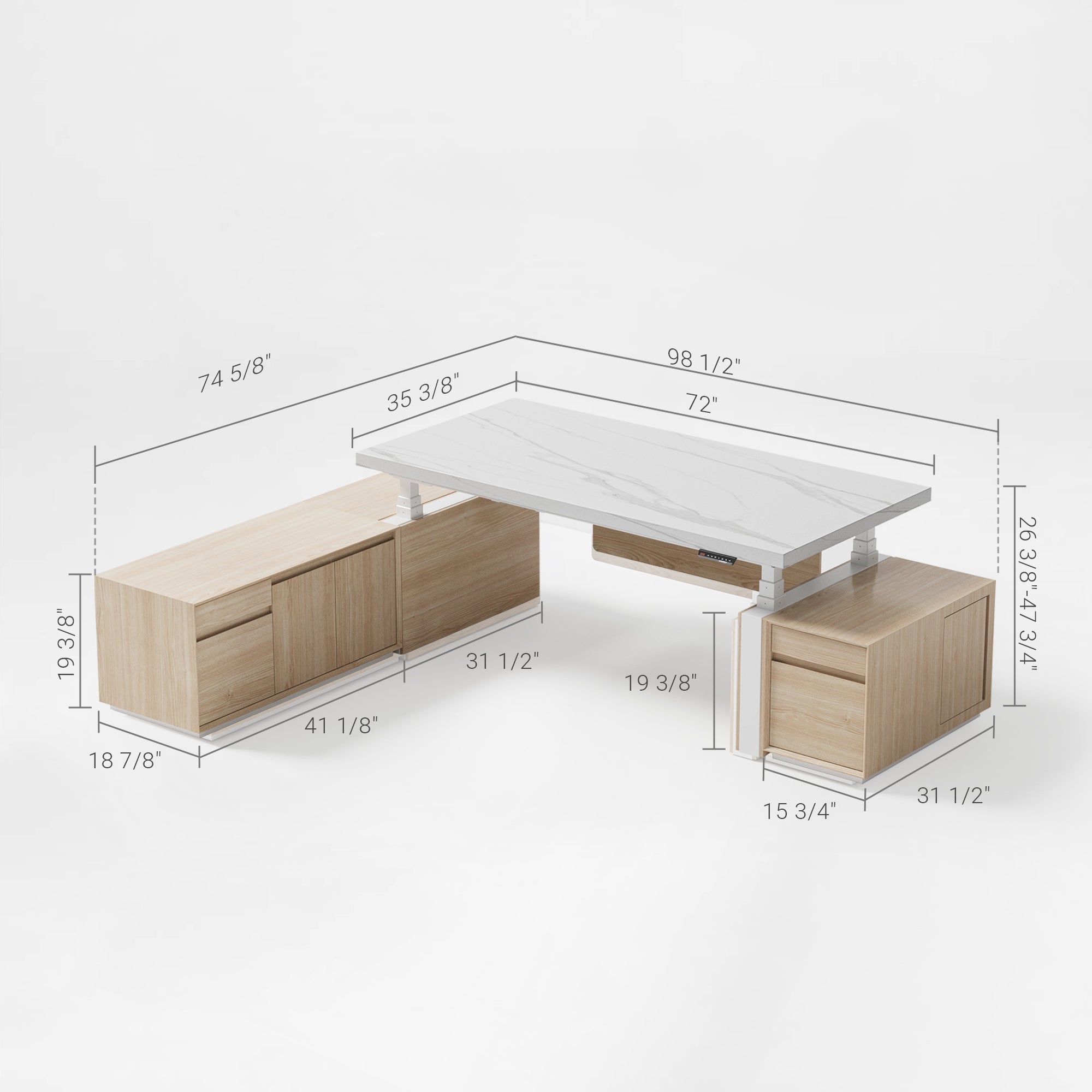 Eureka Ergonomic Zen Pro Executive Standing Desk Dimensions: White Marble Top and Wood Cabinets, Office Furniture.