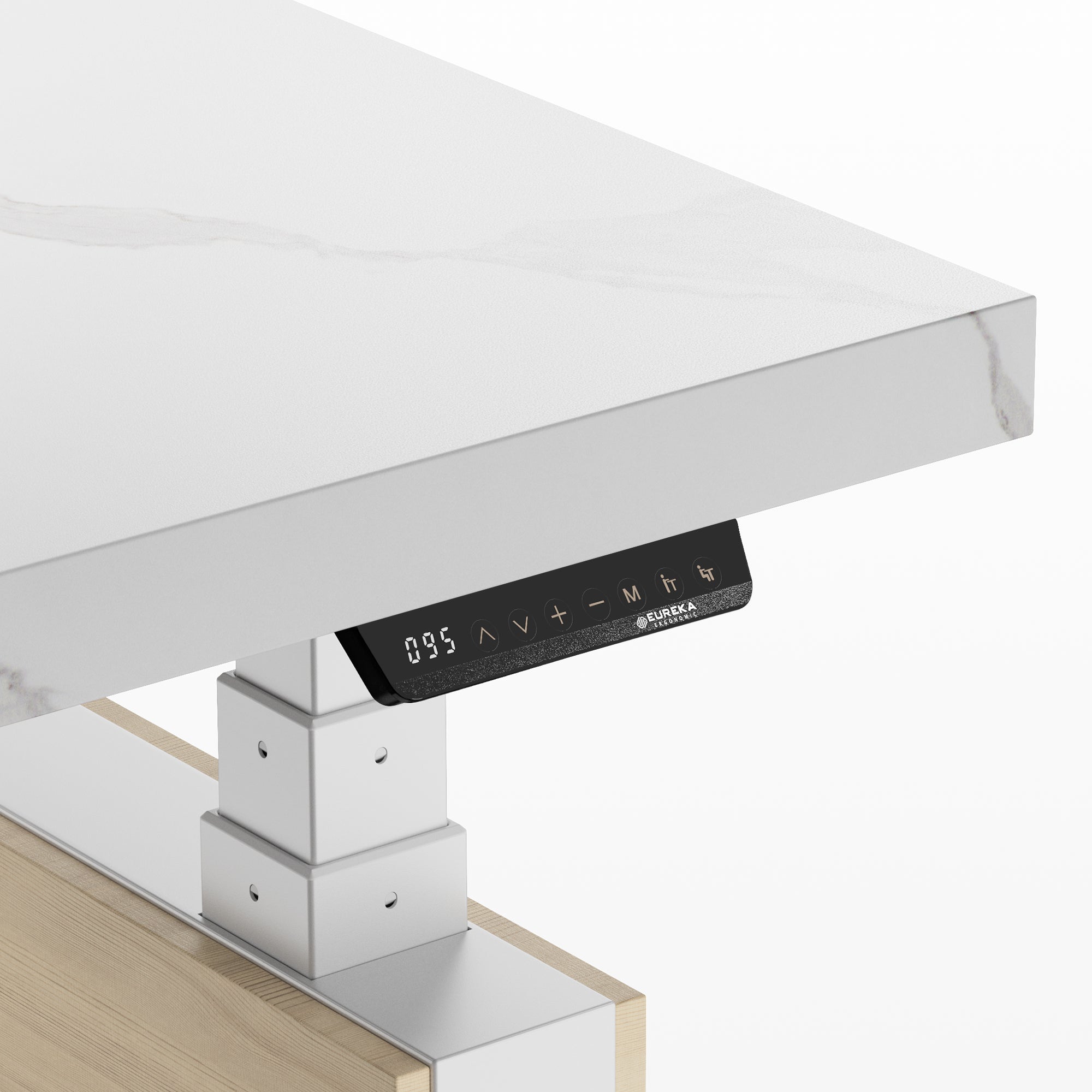 Zen Pro Standing Desk Control Panel, White Sintered Stone Desktop, Eureka Ergonomic.