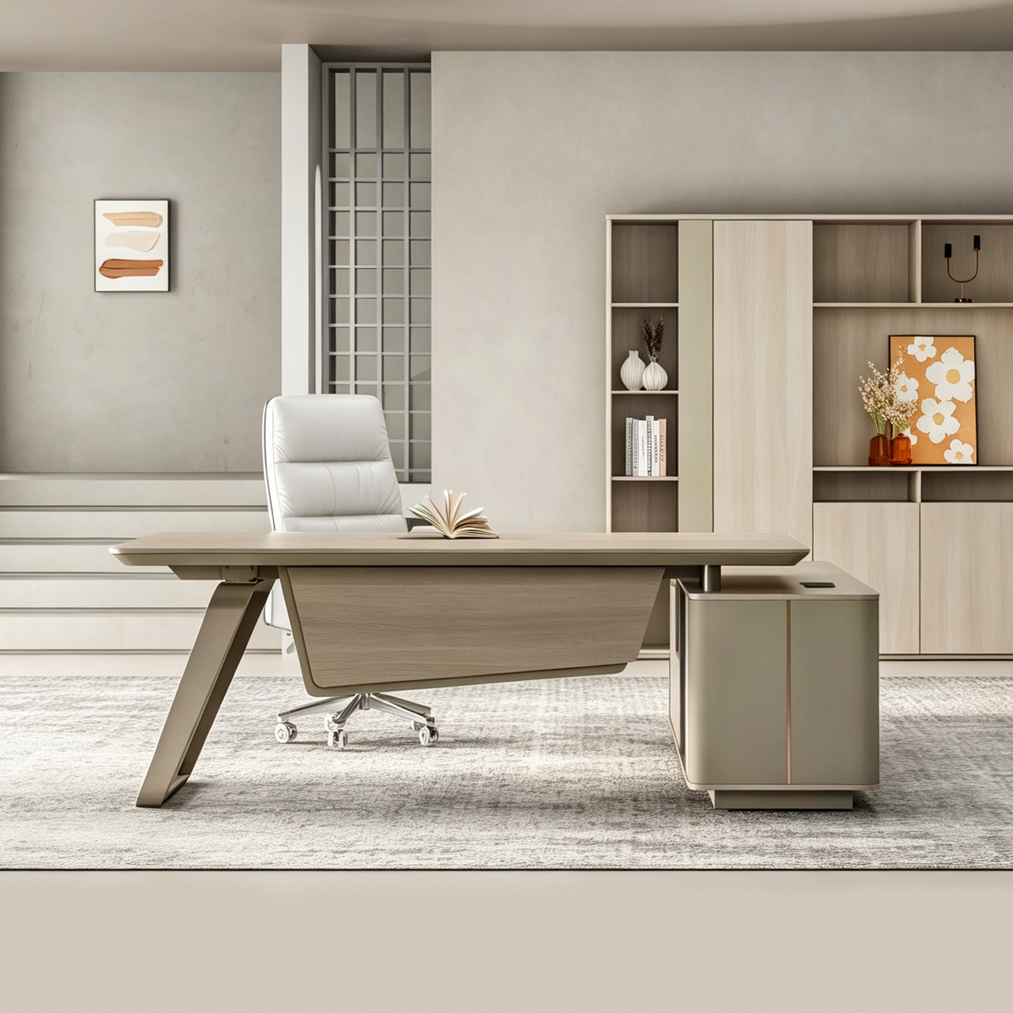 L-Shaped Executive Desk with Storage Cabinet