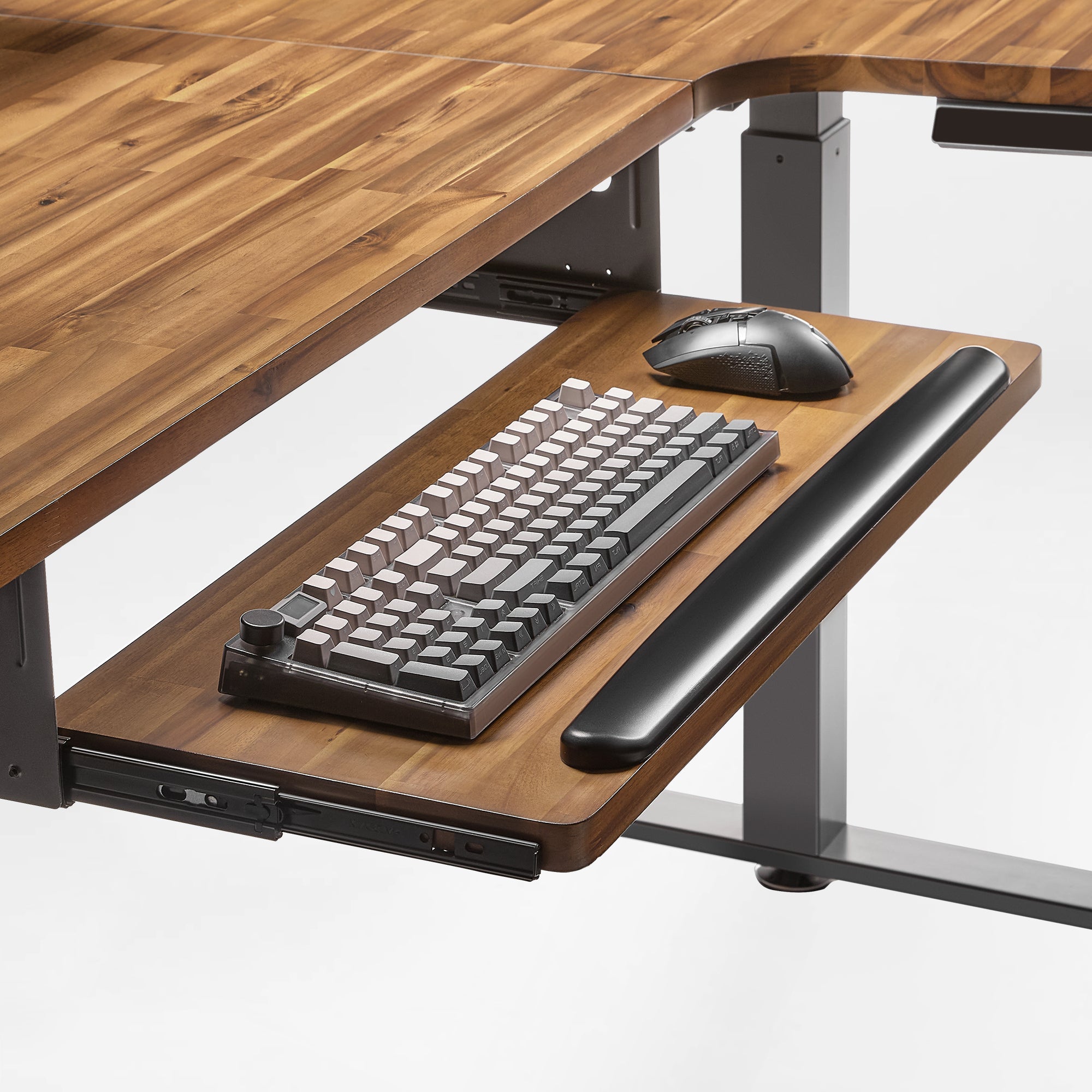 Eureka_Ergonomic L-Shaped Standing Desk With Slide-Out Keyboard Tray and Maple Wood Finish.