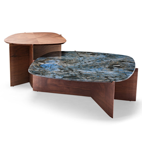 41 Walnut & Blue Jade Marble Irregular Coffee Table With Side Table Set - Modern Living Room Furniture.