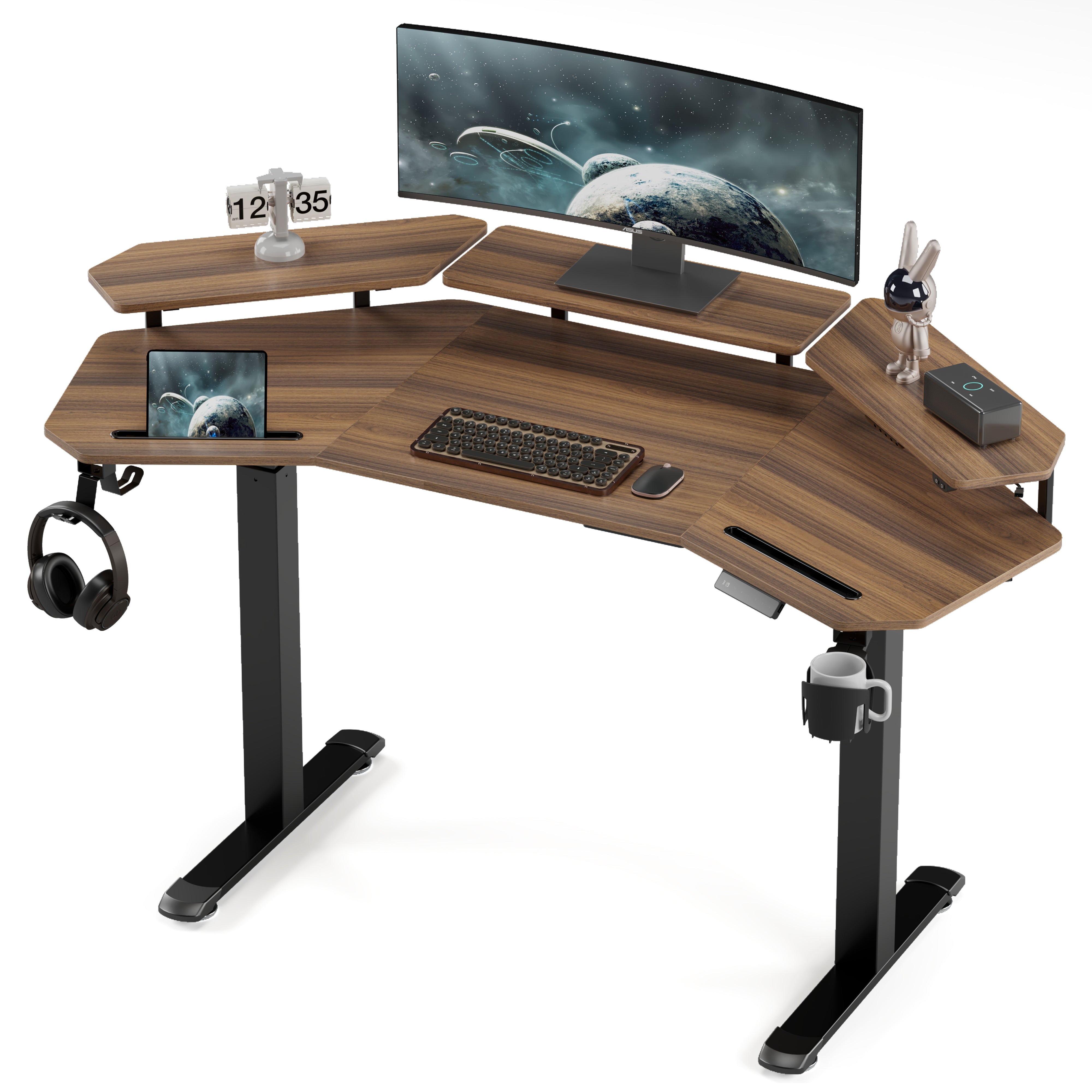 Eureka Ergonomic Aero Pro Standing Desk, Walnut Finish, With Accessories, Ergonomic Design for a Gaming Setup.