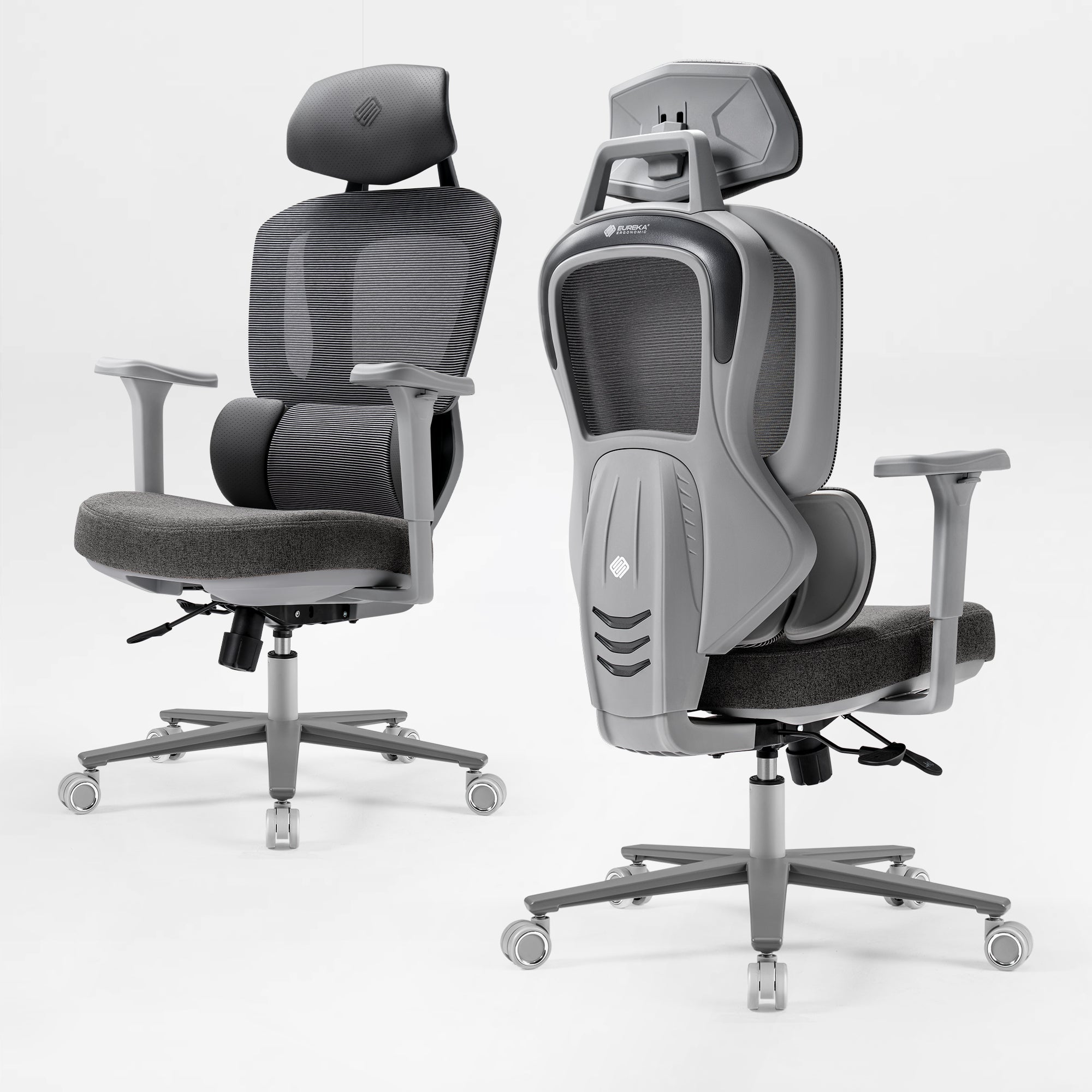 Front and back view of an ergonomic office chair, gray|eurekaergonomic