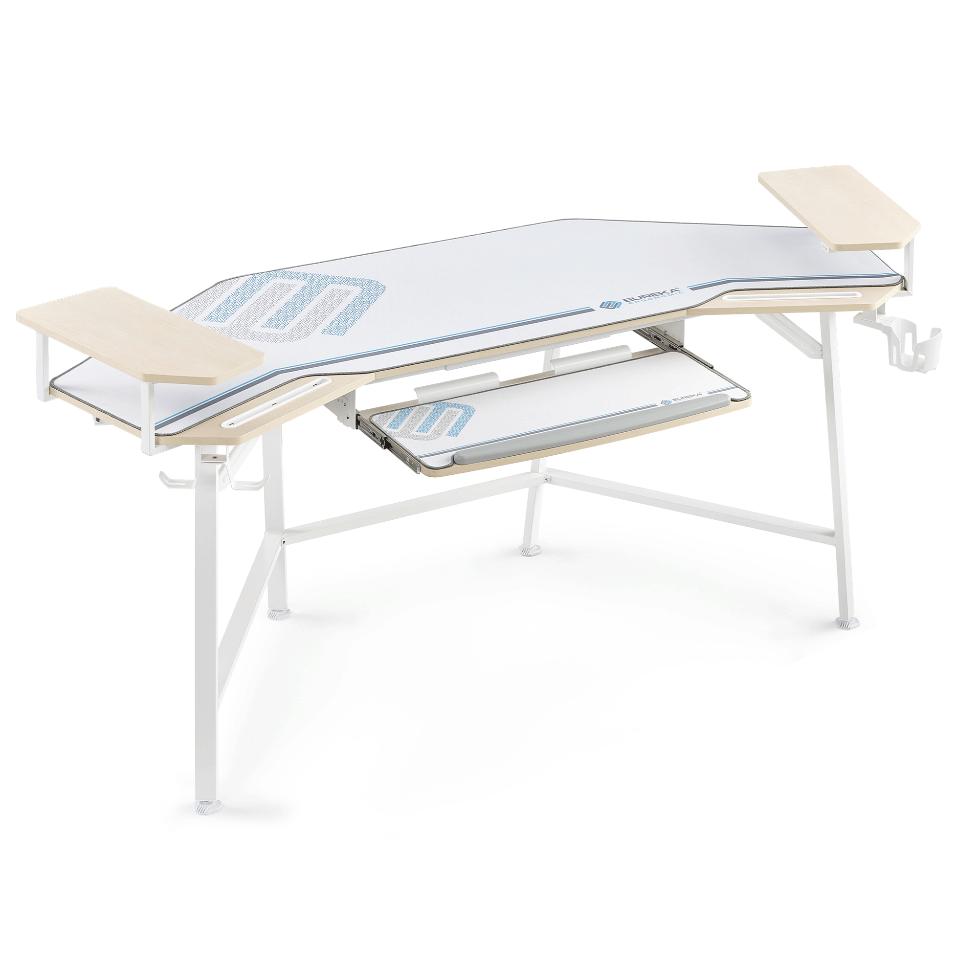 Eureka Ergonomic Wing Desk Showing Three Setup Options for Optimal Posture With Integrated Accessories.