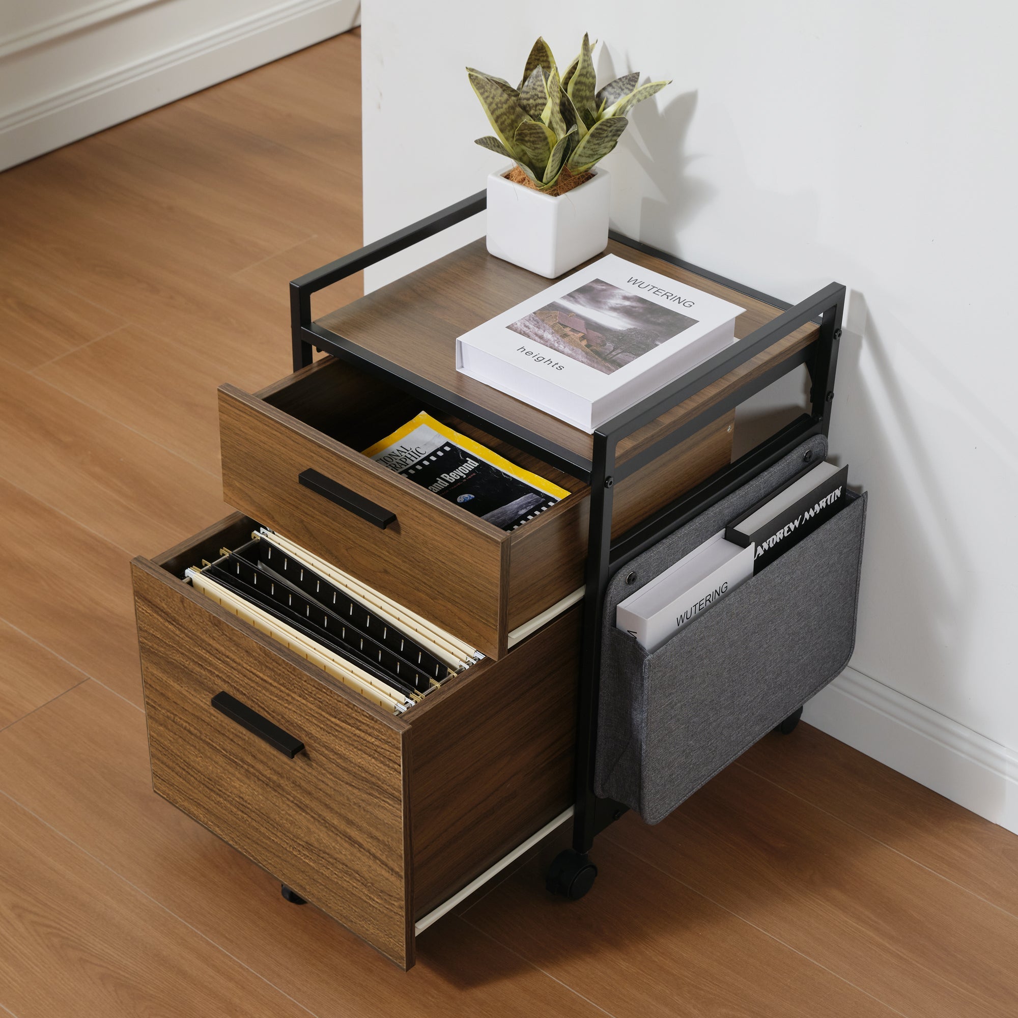 Rolling File Cabinet With Drawer, Dark Wood Finish, and Metal Frame, Featuring Filing Storage and Fabric Bag.