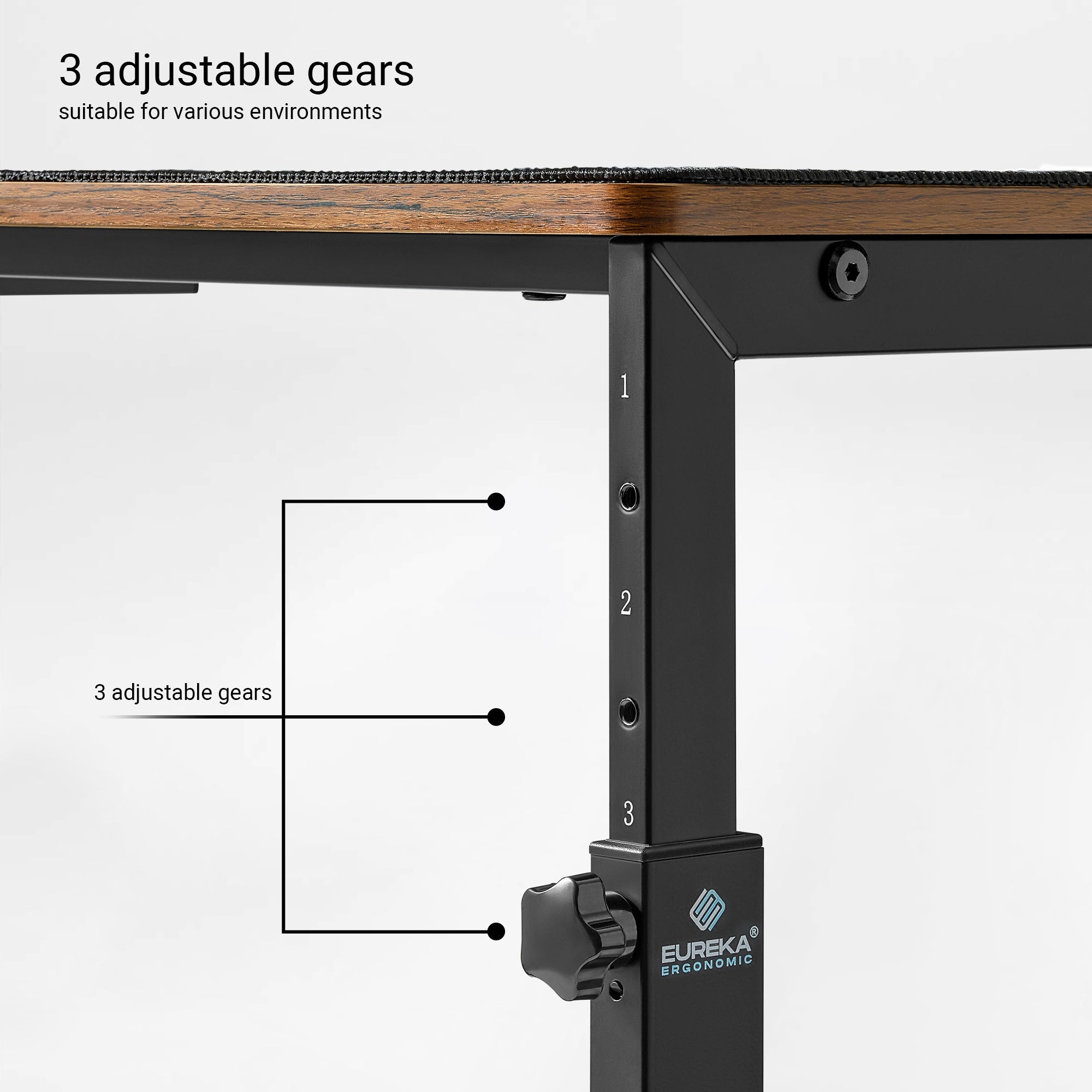Eureka Ergonomic Cpu Cart Height Adjustment Detail Showing 3 Adjustable Gears for Various Environments, Black Steel Frame.