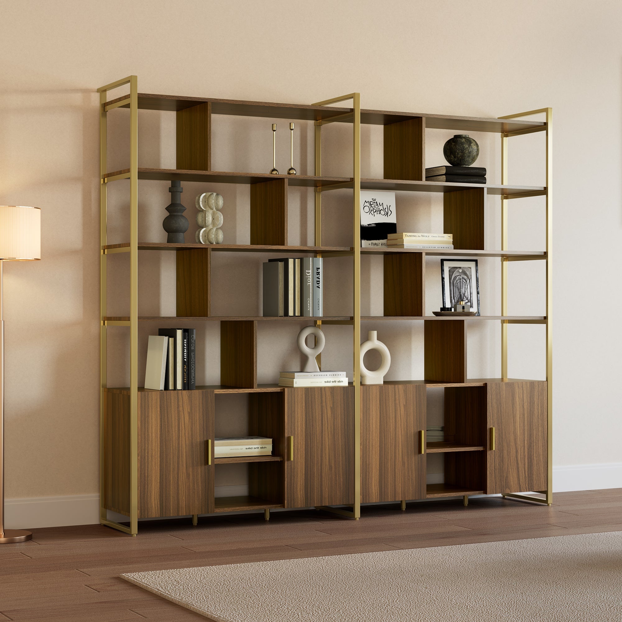Napa Wood Bookcase Cabinet With Books, Decor, and Storage. Walnut Finish, Black Metal Frame. .