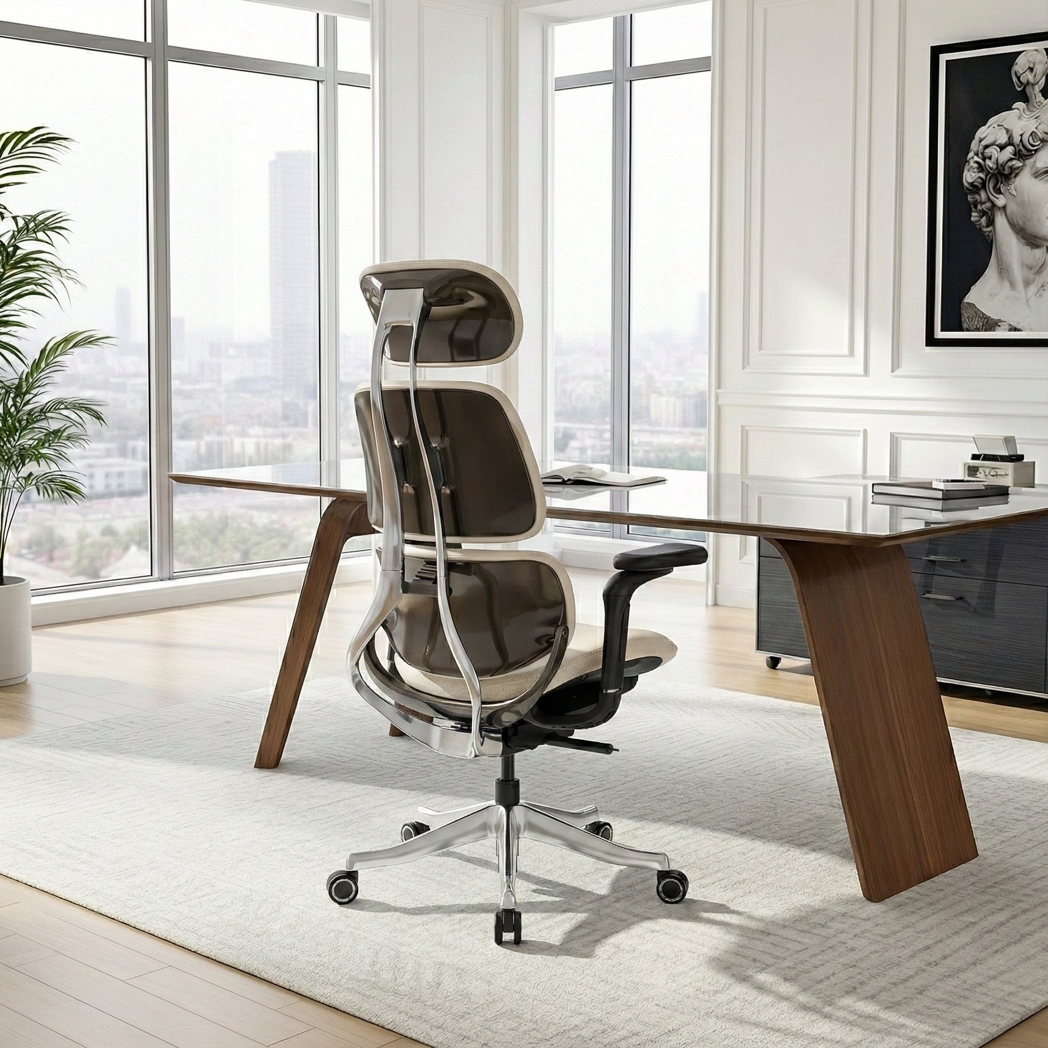 Eureka Ergonomic Light beige Forma ergonomic office chair with black armrests, aluminum frame, and adjustable headrest in a modern office.