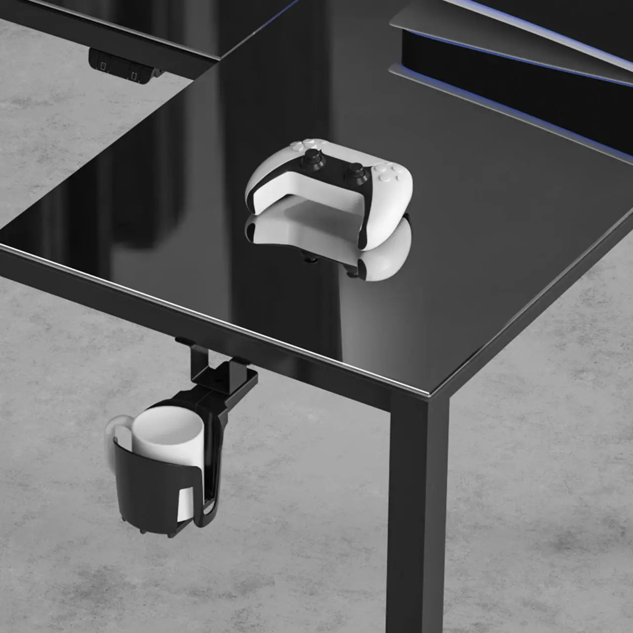 Eureka Ergonomic GTG-L60 L-Shaped Gaming Desk With Cup Holder and Controller On a Black Glass Surface.