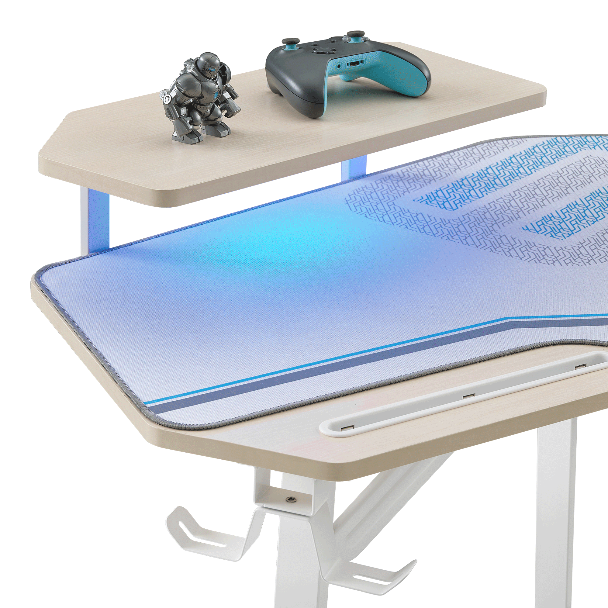 Eureka Ergonomic Aero Wing Shaped Studio Desk with RGB lighting, monitor riser, and figurines.