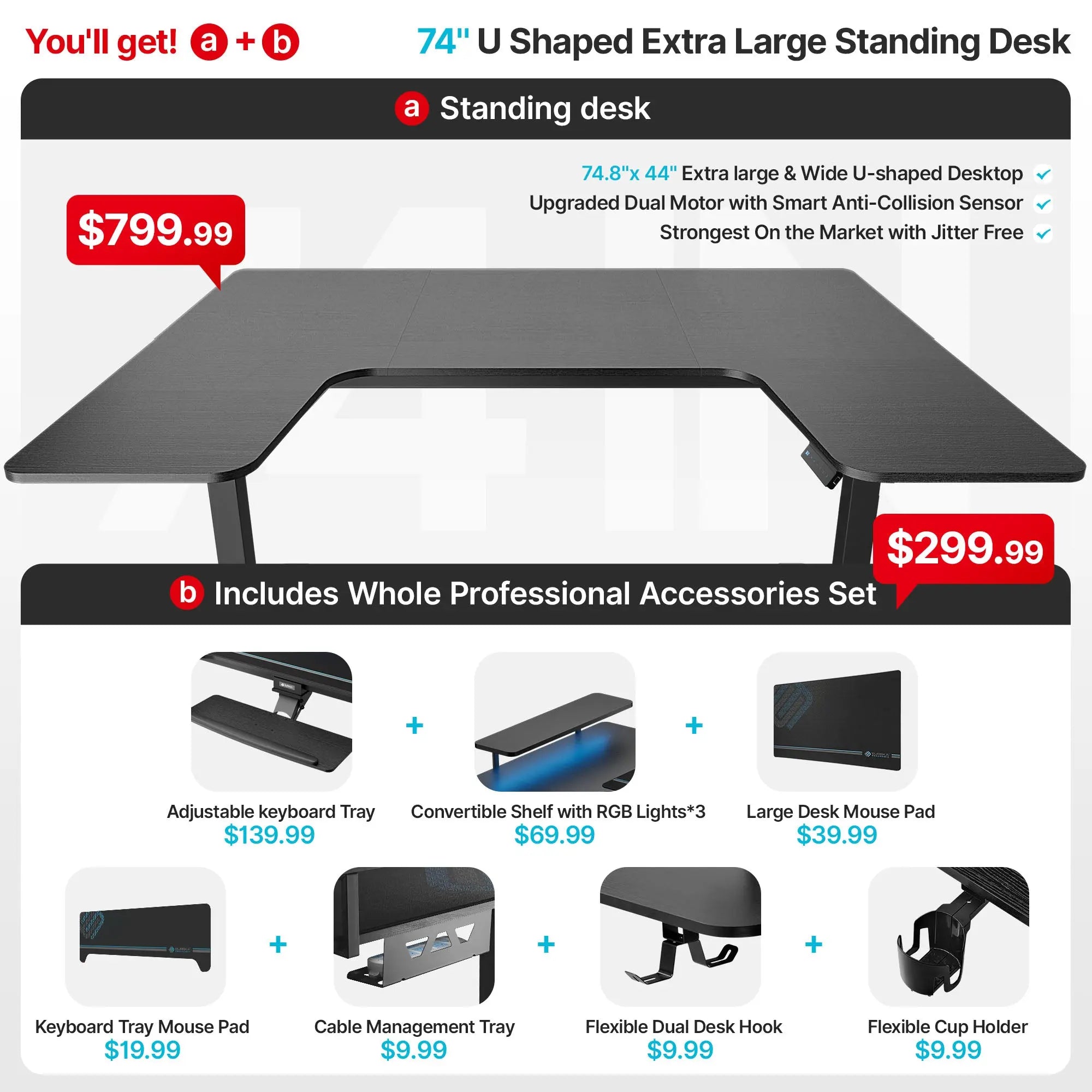 Eureka Ergonomic 74 Inch U-Shaped Standing Desk With Accessories, Dark Gray Finish for Ergonomic Workspace.