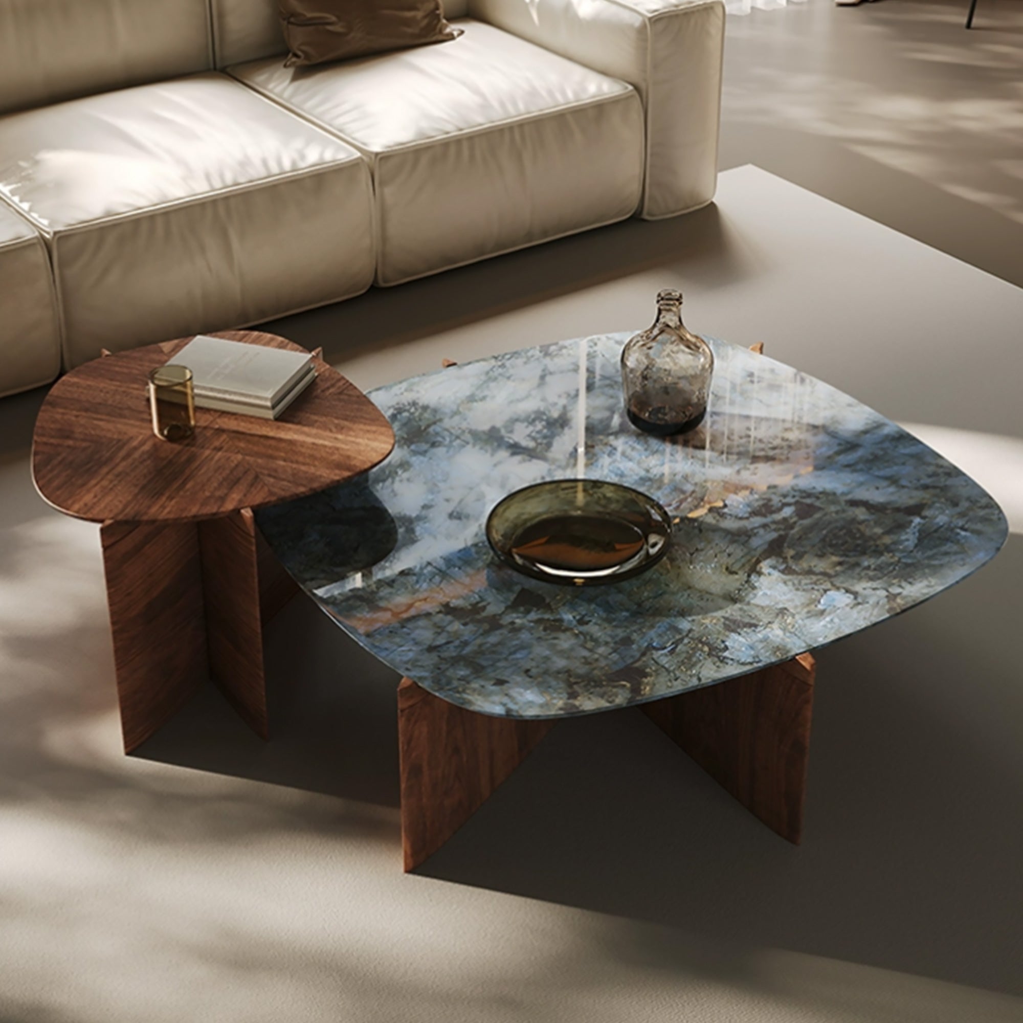 CT04 Coffee Table Set With Blue Jade Marble and Walnut Wood, Modern Living Room Furniture.