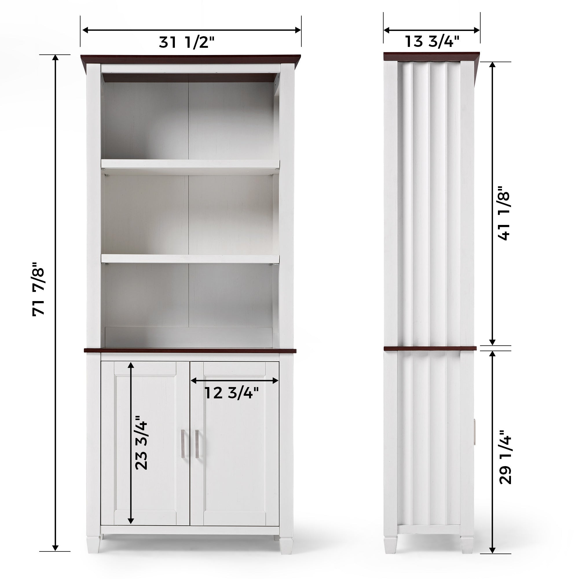 Eureka Ergonomic Ark Es 71 White Bookshelf With Storage Cabinet, White Finish, and Dark Brown Trim With Dimensions.