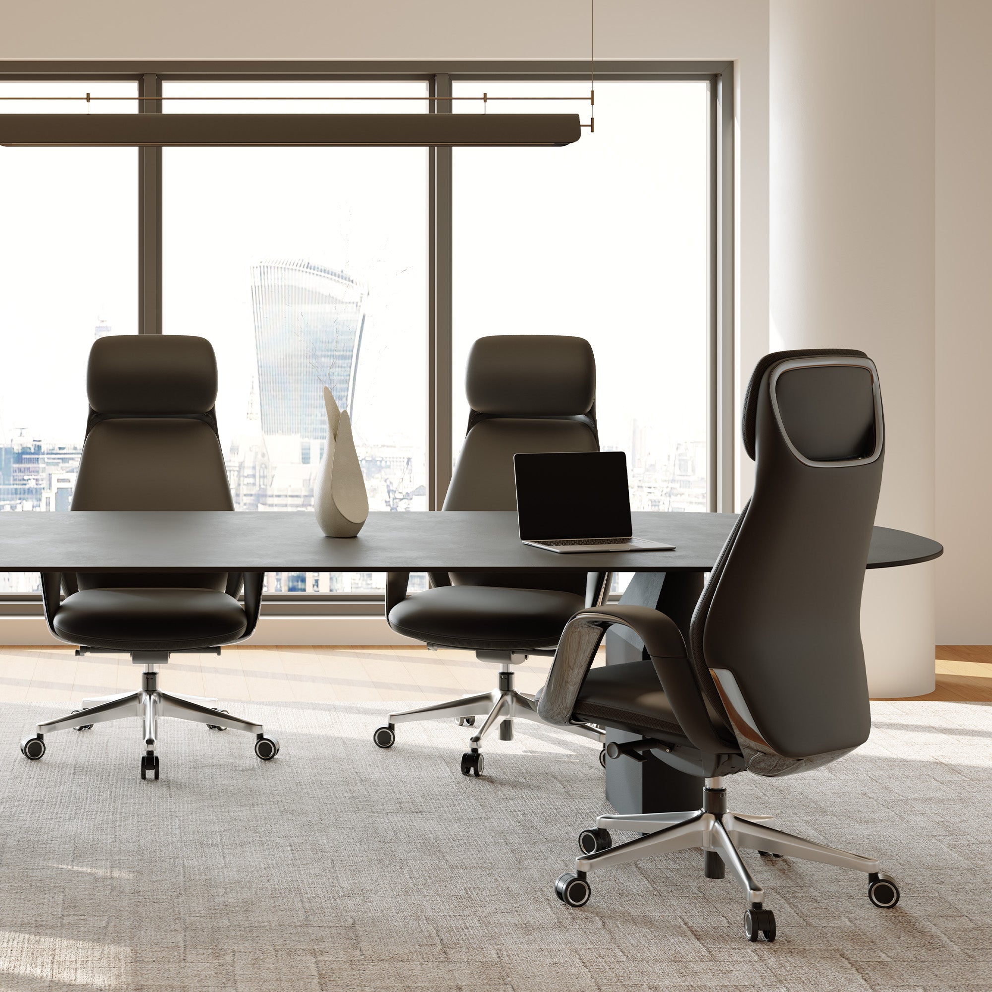 Eureka Ergonomic Three dark brown Napa leather Serene executive office chairs around a conference table in a modern office.
